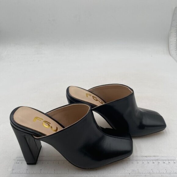 FSJ Women Closed Squared Toe Mules Slip On Chunky Mid High Heels Backless Black - Picture 4 of 8